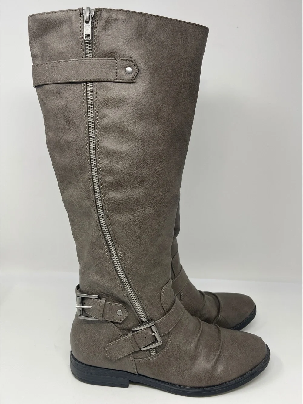 Women's Knee High Riding Boots Grey Faux Leather Buckle Slouch Flat Zip Size